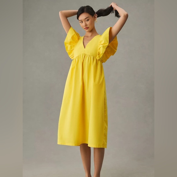 Maeve Dresses & Skirts - MAEVE ANTHROPOLOGIE Flutter-Sleeve Babydoll Midi Dress Yellow V Neck Casual Sz S